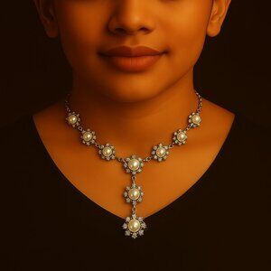 RSVP 18- inch Chain Flower Crystal Necklace W/ Matching Earrings in Silver tone